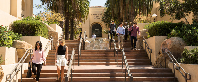 Students walking outside of Graziadio Business School entrance