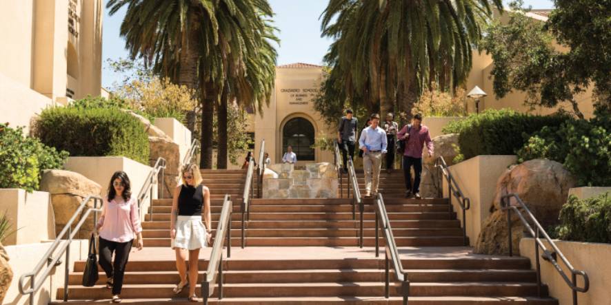 Graziadio Business School students at entrance to building