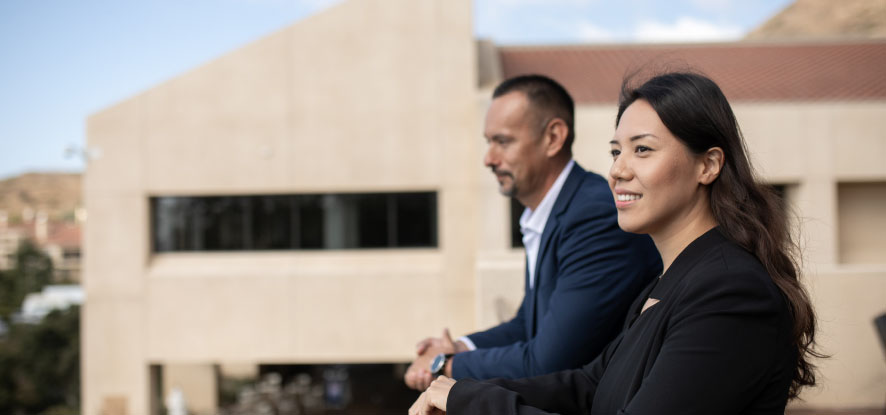 Student and professor outside of Graziadio Malibu Campus