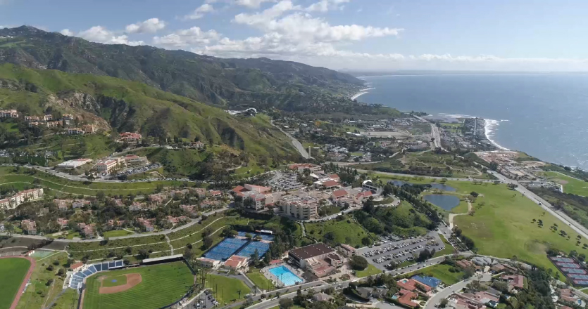 Aerial view of Malibu campus and pacific ocean