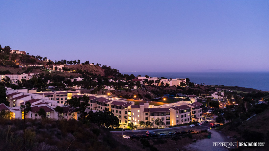 Aerial campus view of Malibu at sunset